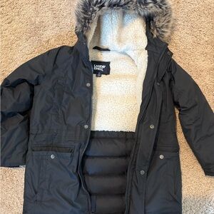 Lands' End Kids Charcoal Puffer Jacket with Faux Fur Hood